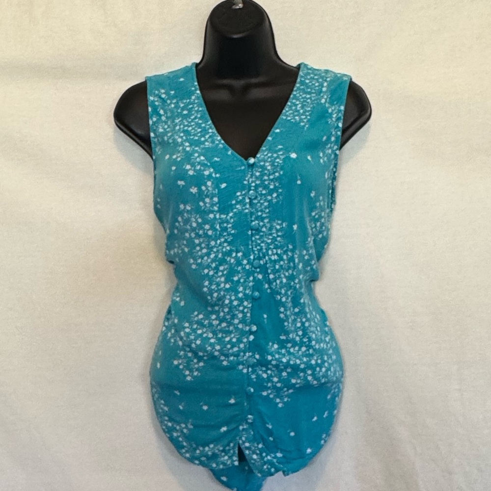 F-141 Liz Claiborne Teal & White Sleeveless Button Down Summer Blouse Size S